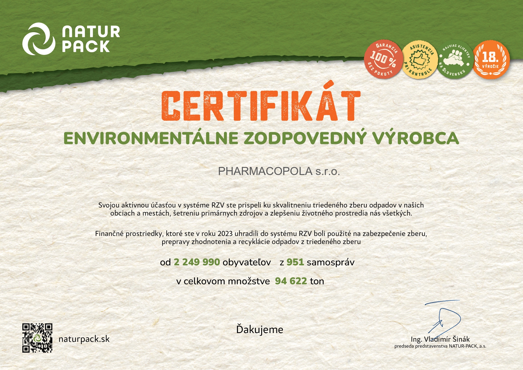 Získali sme CERTIFIKÁT ENVIRONMENTÁLNE ZODPOVEDNÉHO VÝROBCU za rok 2023